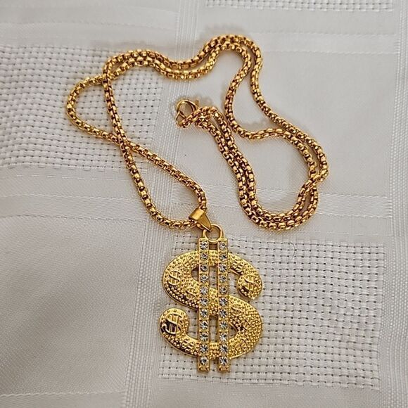 Men's Gold Plated Dollar Sign Pendant Chain 13" - Picture 8 of 16